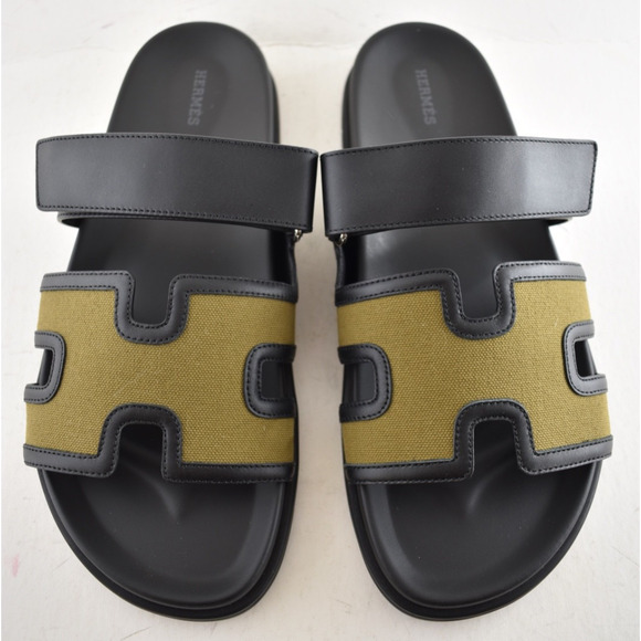 Hermes Chypre Sandal Mens Black Olive Green Canvas Cargo H Logo Slide Flat 45 12 - Picture 12 of 16